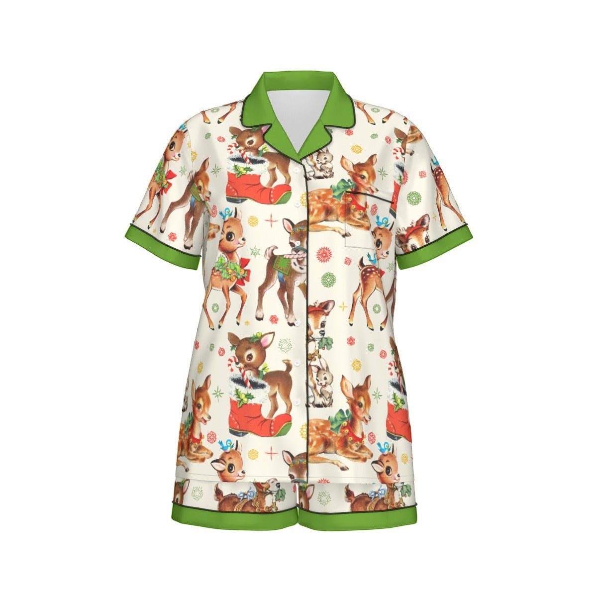 Vintage Reindeer Christmas Women's Imitation Silk Pajama Set With Short Sleeve Wrong Lever Clothing