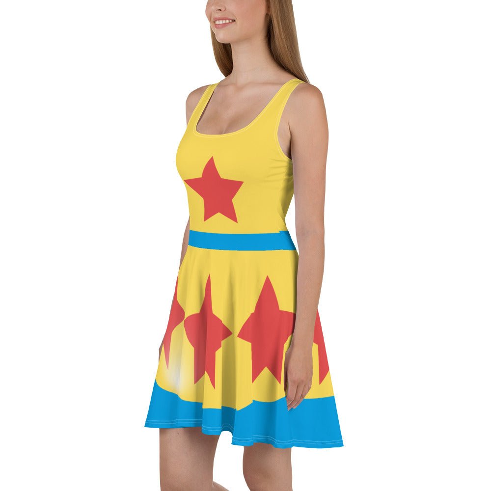 cartoon skater dress Powerline World Tour Skater Dress, A Goofy Movie Fan Outfit, Max Goof Powerline Concert Dress, 90s Nostalgia Cartoon Clothing, Retro