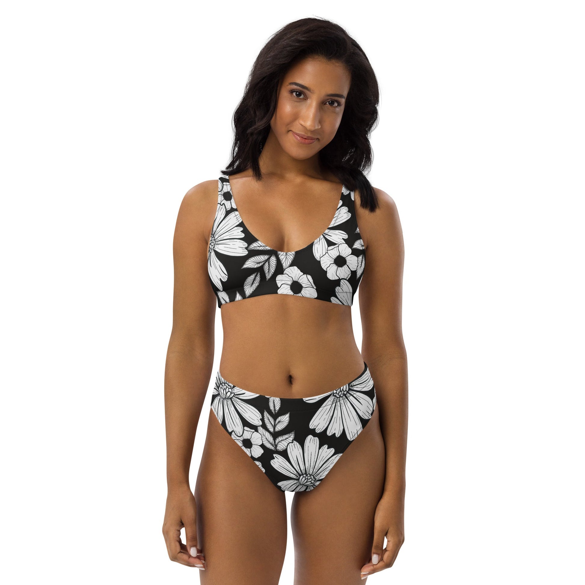 Monotone Floral Recycled high-waisted bikini happiness is addictive#tag4##tag5##tag6#