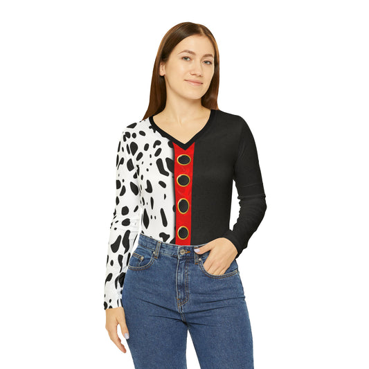 The Cruella Women's Long Sleeve V-neck Shirt 101 dalmationsadult halloweenAll Over Print#tag4##tag5##tag6#