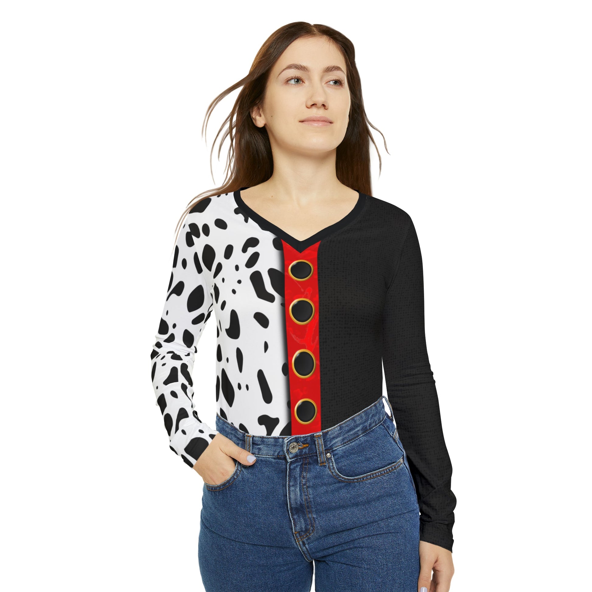 The Cruella Women's Long Sleeve V-neck Shirt 101 dalmationsadult halloweenAll Over Print#tag4##tag5##tag6#