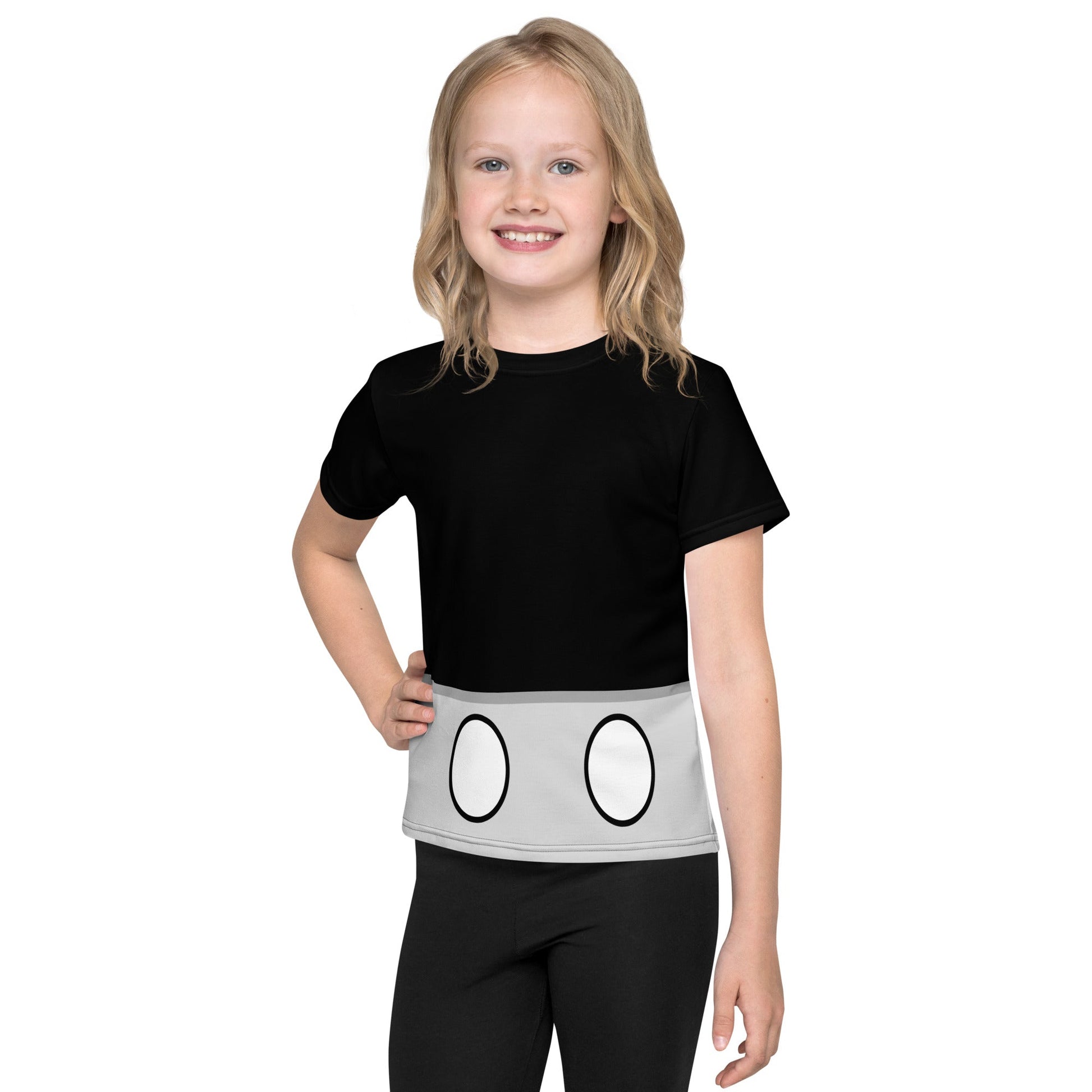 Our model shows off his steamboat willie inspired costume with this black, white and grey inspired top.  Perfect for celebrating your favorite mouse!